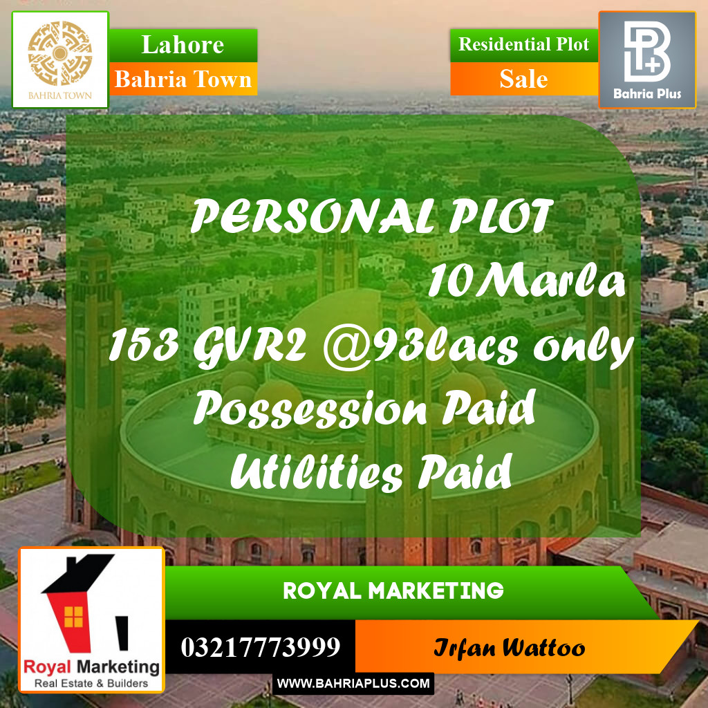 10 Marla Residential Plot for Sale in Bahria Town, Lahore - (BP-224414)