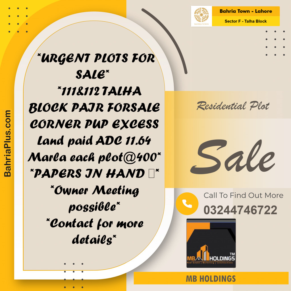 11.64 Marla Residential Plot for Sale in Sector F - Talha Block -  Bahria Town, Lahore - (BP-224614)