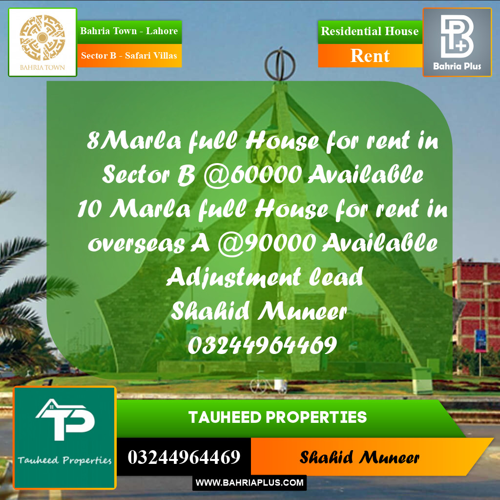 8 Marla Residential House for Rent in Sector B - Safari Villas - Bahria Town, Lahore - (BP-224620)