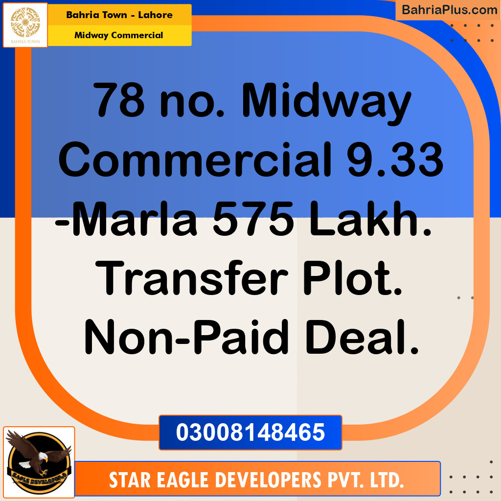 9.33 Marla Commercial Plot for Sale in Midway Commercial -  Bahria Town, Lahore - (BP-224811)