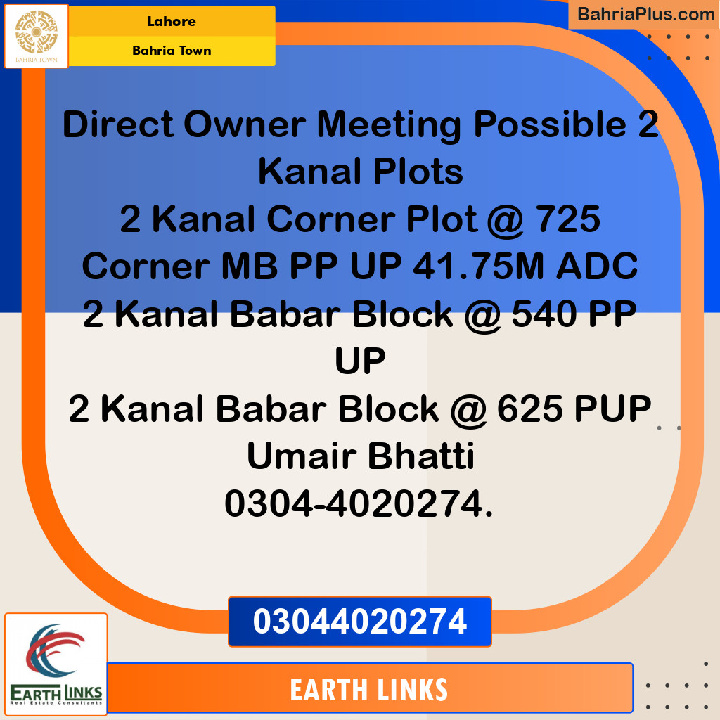 2 Kanal Residential Plot for Sale in Bahria Town, Lahore - (BP-224873)