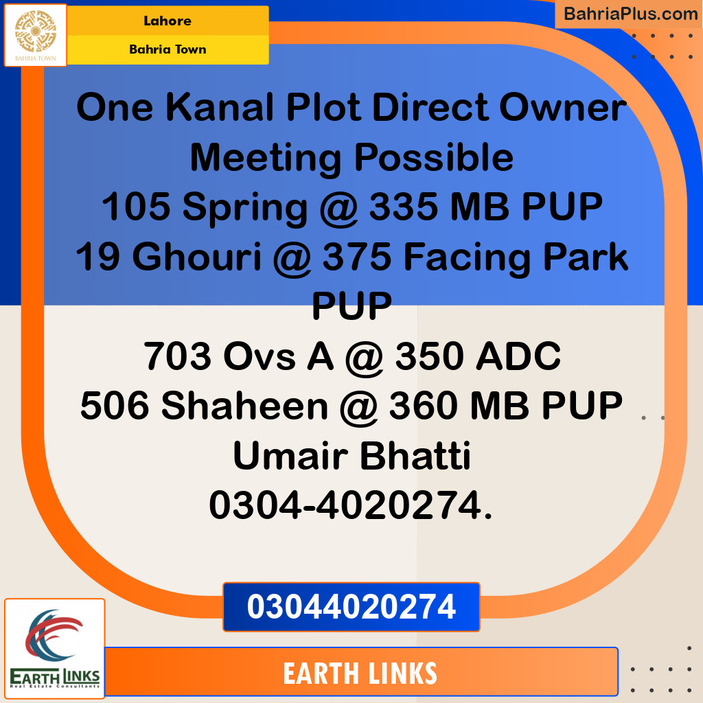 1 Kanal Residential Plot for Sale in Bahria Town, Lahore - (BP-225126)