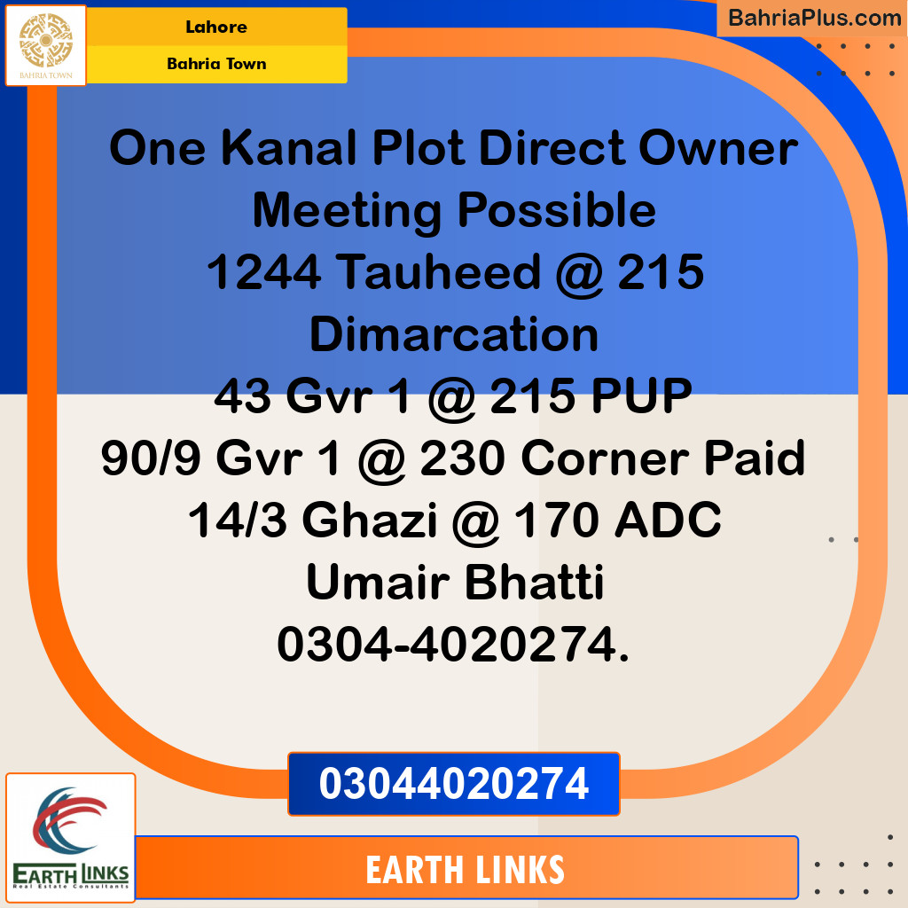 1 Kanal Residential Plot for Sale in Bahria Town, Lahore - (BP-225160)