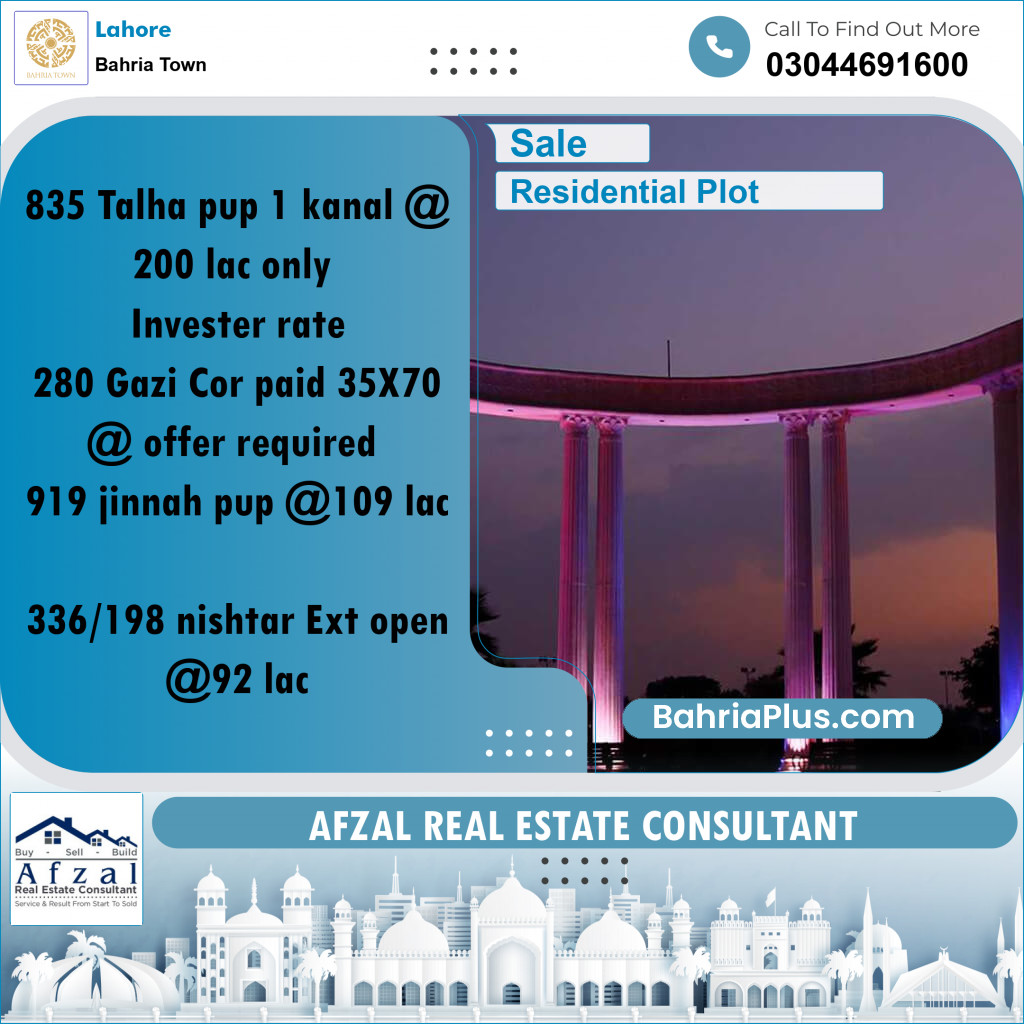 Residential Plot for Sale in Bahria Town, Lahore - (BP-225187)