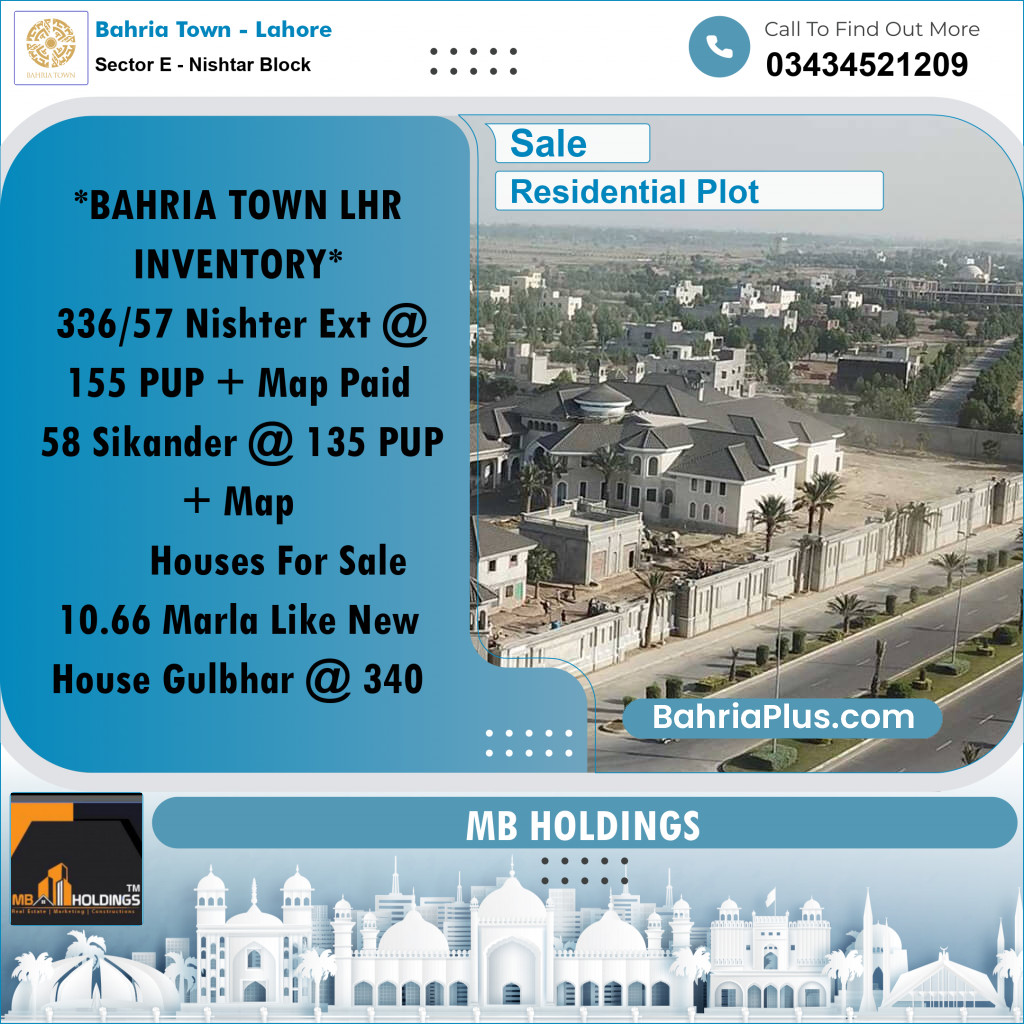 10 Marla Residential Plot for Sale in Sector E - Nishtar Block - Bahria Town, Lahore - (BP-225392)