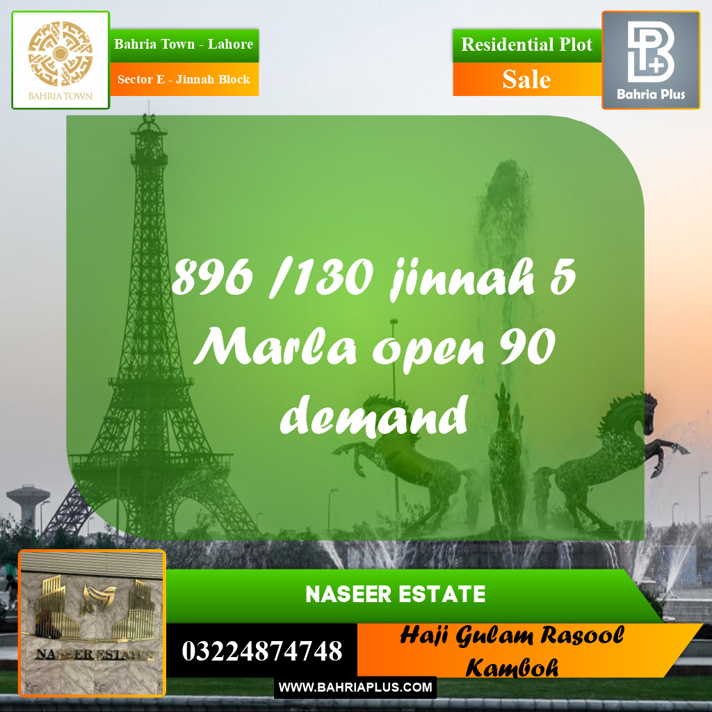 5 Marla Residential Plot for Sale in Sector E - Jinnah Block -  Bahria Town, Lahore - (BP-225487)