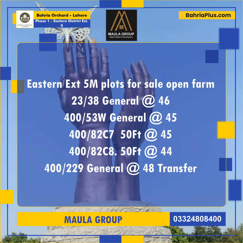 5 Marla Residential Plot for Sale in Phase 1 - Eastern District Ext. II - Bahria Orchard, Lahore - (BP-225546)