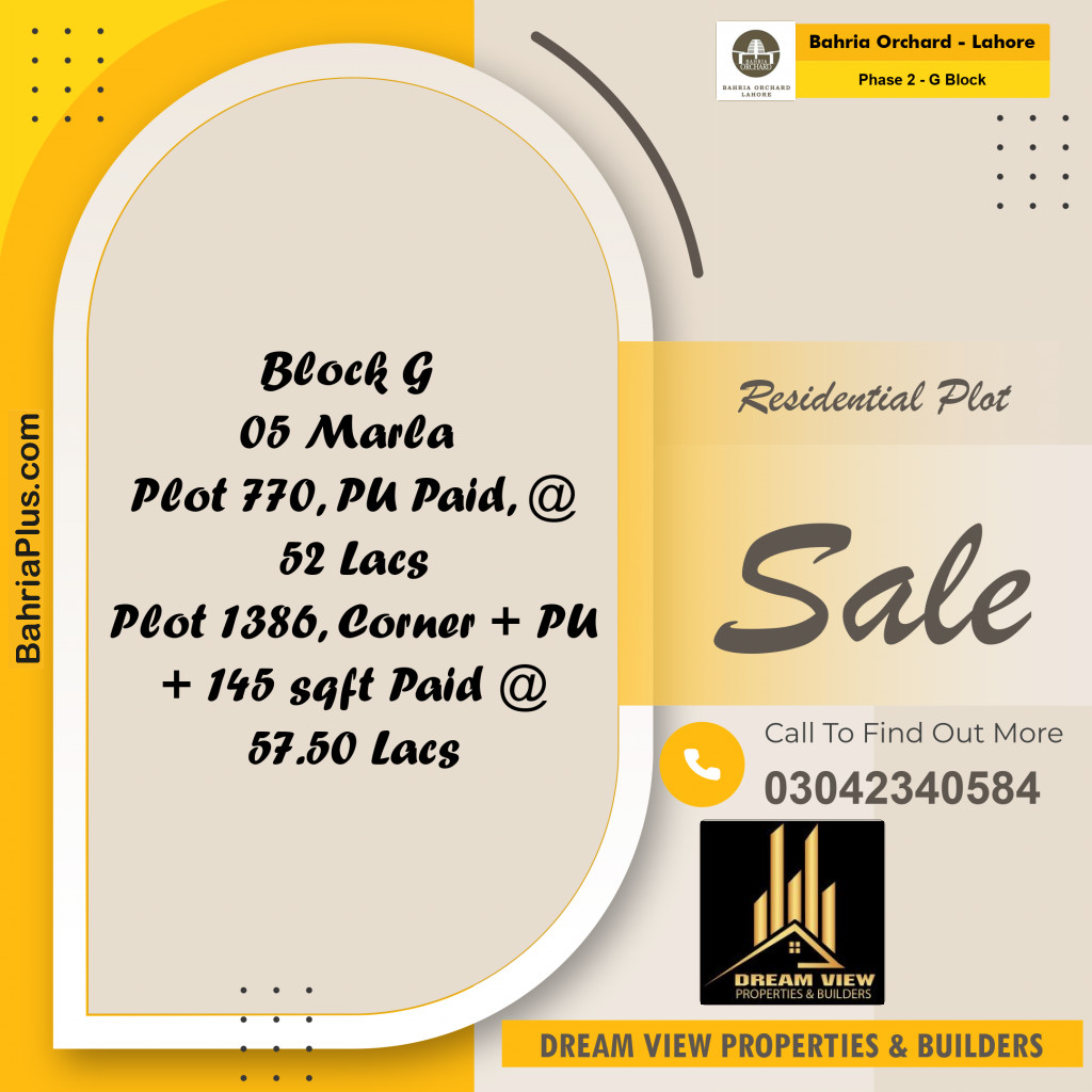 5 Marla Residential Plot for Sale in Phase 2 - G Block -  Bahria Orchard, Lahore - (BP-225661)