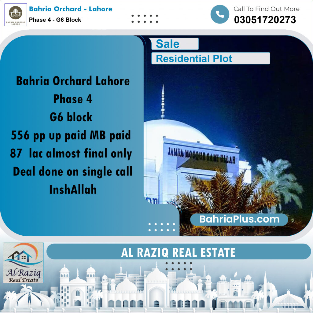 10 Marla Residential Plot for Sale in Phase 4 - G6 Block -  Bahria Orchard, Lahore - (BP-225814)