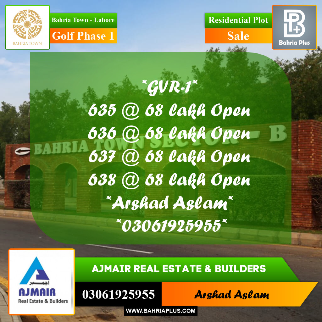 Residential Plot for Sale in Golf Phase 1 -  Bahria Town, Lahore - (BP-225881)
