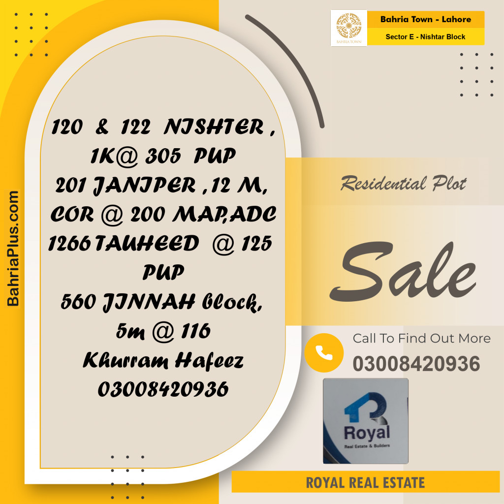 20 Marla Residential Plot for Sale in Sector E - Nishtar Block -  Bahria Town, Lahore - (BP-225926)