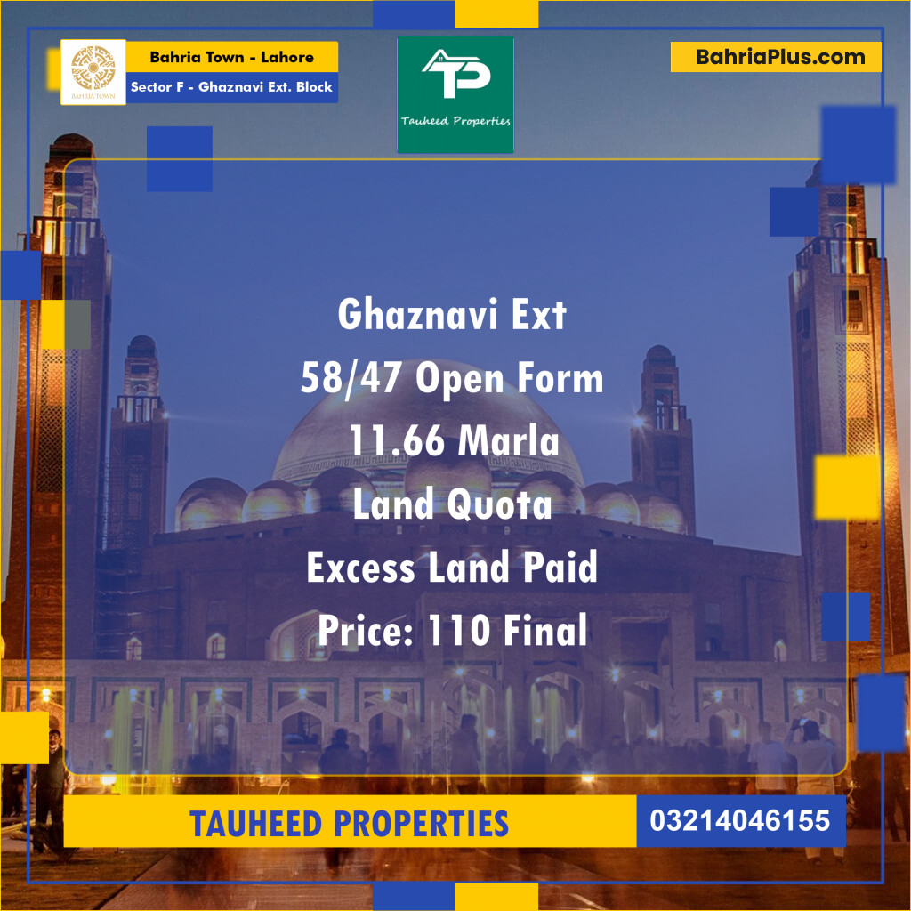 11.66 Marla Residential Plot for Sale in Sector F - Ghaznavi Ext. Block -  Bahria Town, Lahore - (BP-226039)
