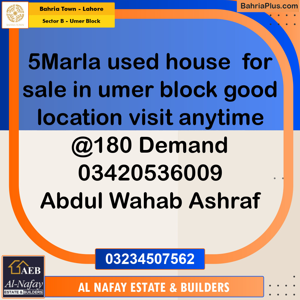 5 Marla Residential House for Sale in Sector B - Umer Block - Bahria Town, Lahore - (BP-226115)