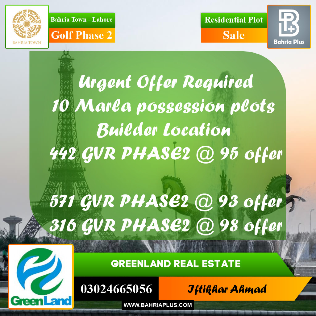 10 Marla Residential Plot for Sale in Golf Phase 2 -  Bahria Town, Lahore - (BP-226152)