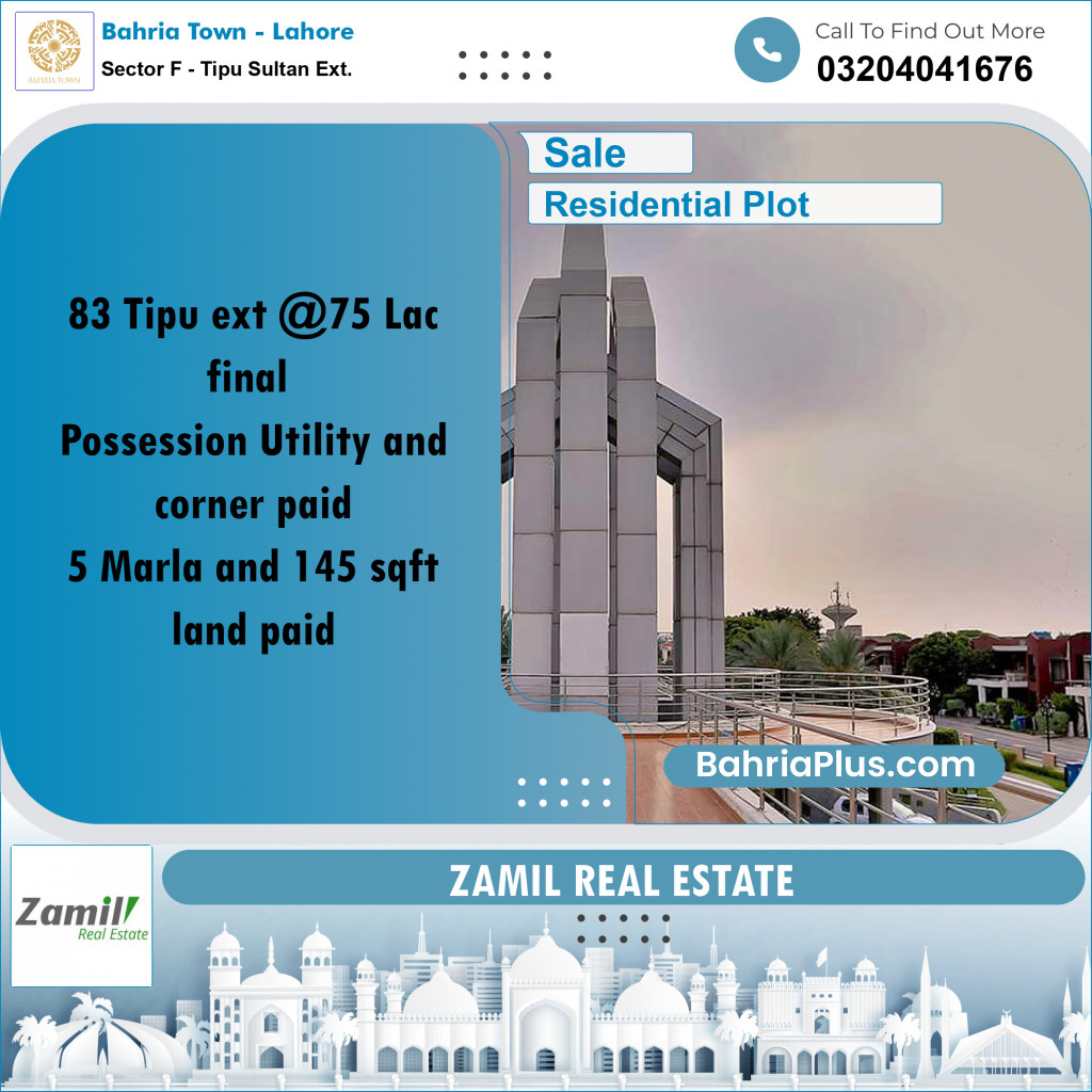 5 Marla Residential Plot for Sale in Sector F - Tipu Sultan Ext. -  Bahria Town, Lahore - (BP-226179)