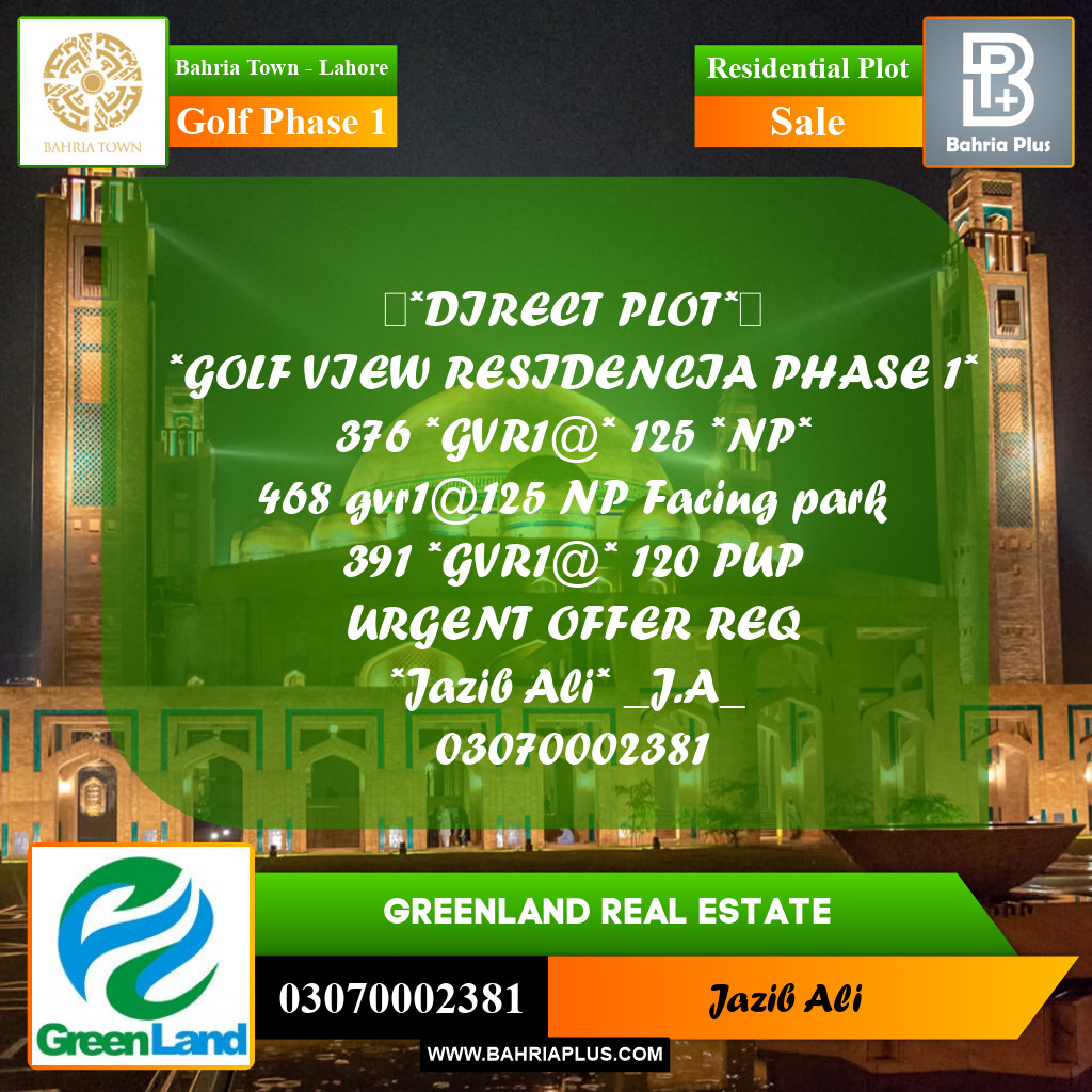 Residential Plot for Sale in Golf Phase 1 -  Bahria Town, Lahore - (BP-226199)