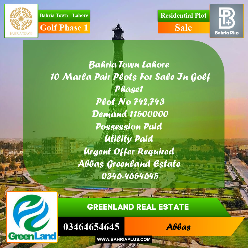 10 Marla Residential Plot for Sale in Golf Phase 1 -  Bahria Town, Lahore - (BP-226271)