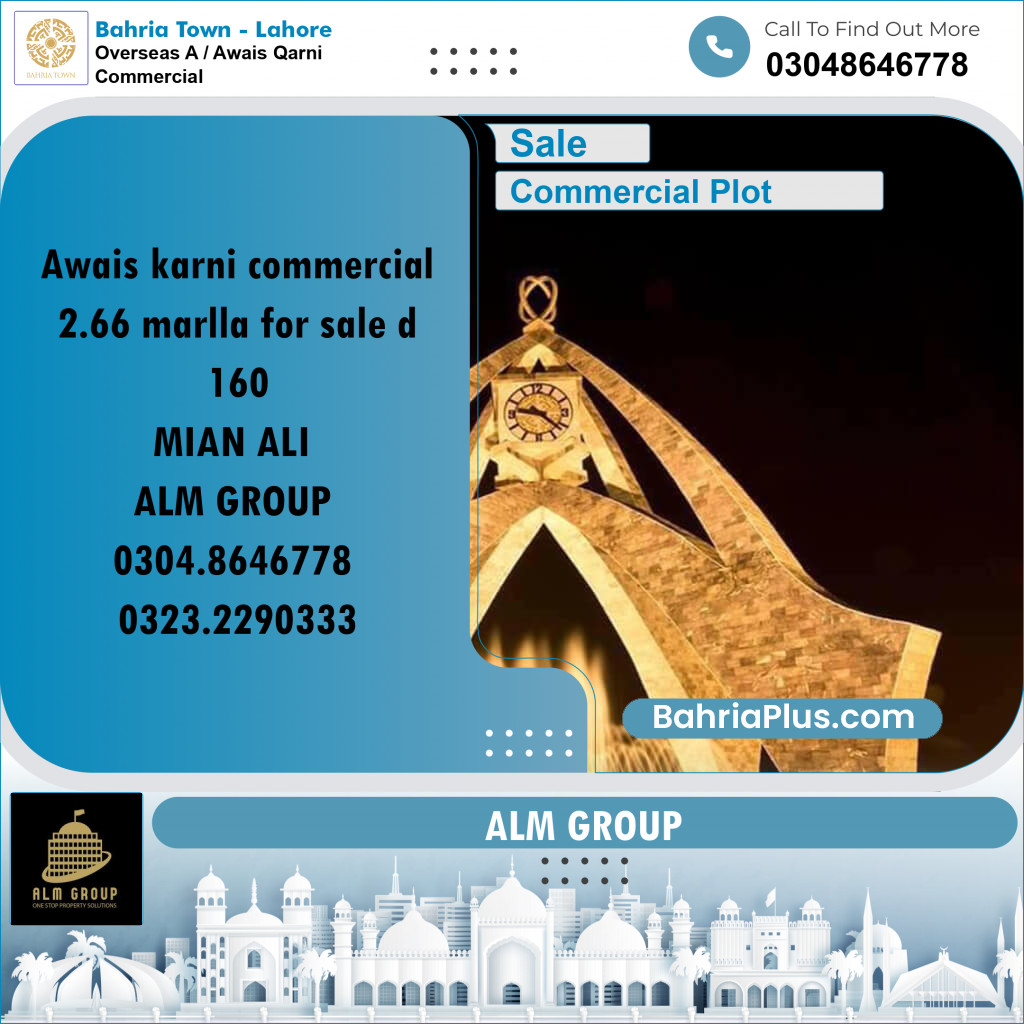 2 Marla Commercial Plot for Sale in Overseas A / Awais Qarni Commercial -  Bahria Town, Lahore - (BP-226295)