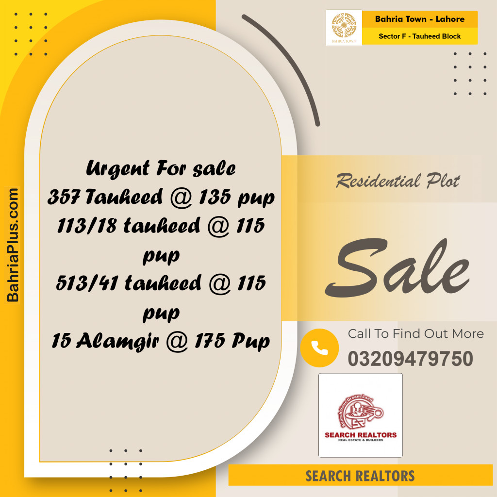 10 Marla Residential Plot for Sale in Sector F - Tauheed Block -  Bahria Town, Lahore - (BP-226459)