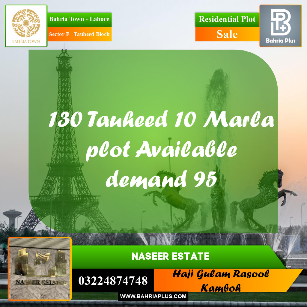 10 Marla Residential Plot for Sale in Sector F - Tauheed Block -  Bahria Town, Lahore - (BP-226468)
