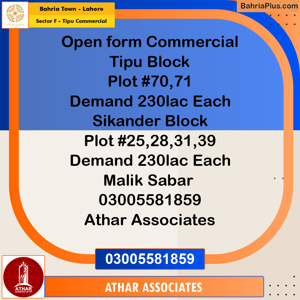 5 Marla Commercial Plot for Sale in Sector F - Tipu Commercial -  Bahria Town, Lahore - (BP-226517)