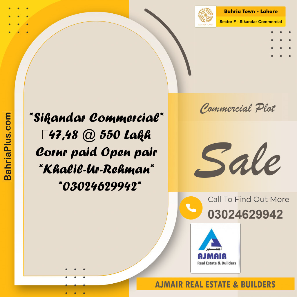 5 Marla Commercial Plot for Sale in Sector F - Sikandar Commercial -  Bahria Town, Lahore - (BP-226572)