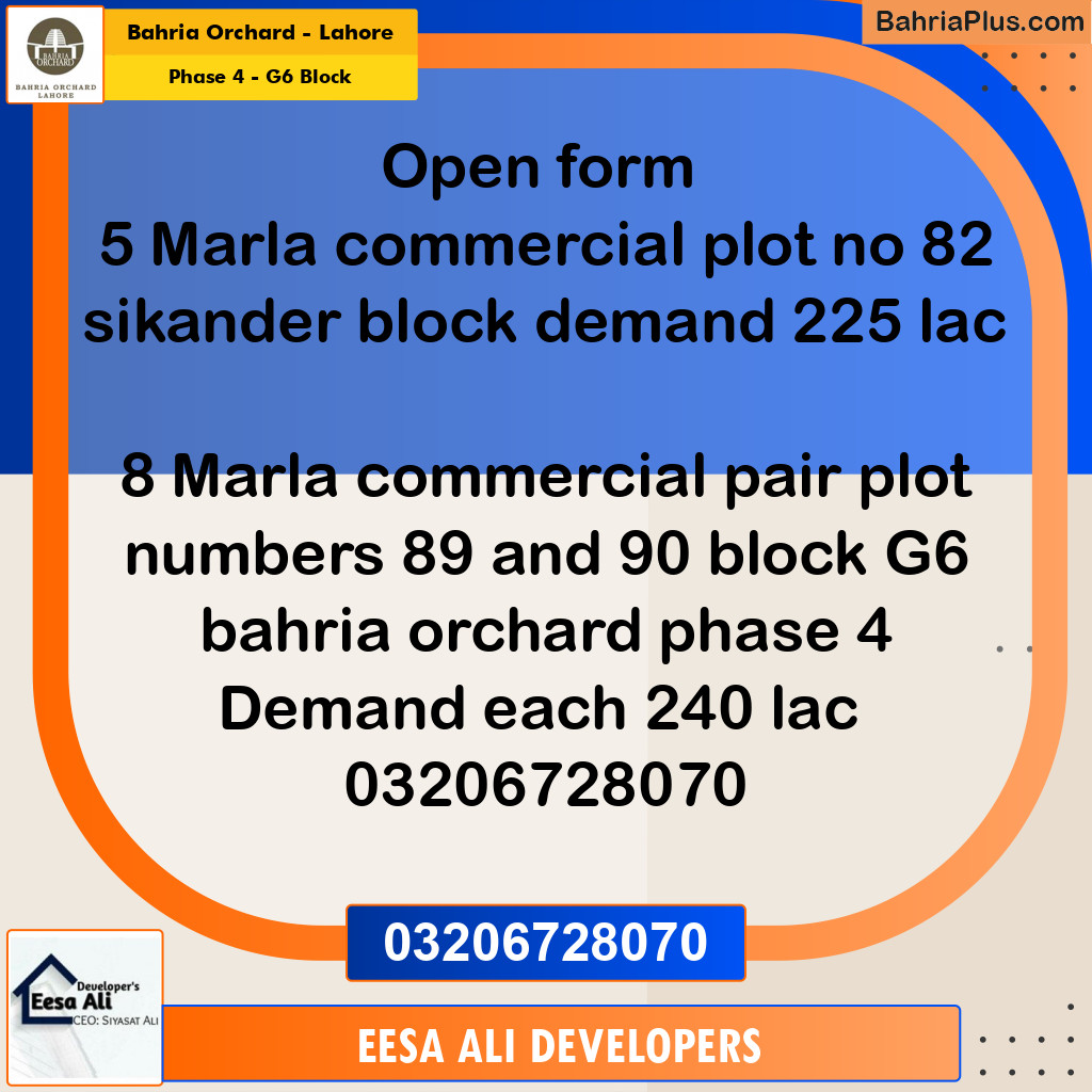 8 Marla Residential Plot for Sale in Phase 4 - G6 Block - Bahria Orchard, Lahore - (BP-226594)