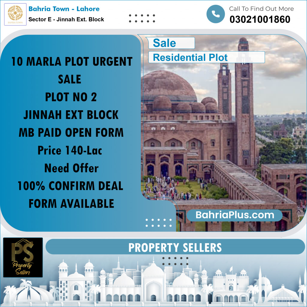 10 Marla Residential Plot for Sale in Sector E - Jinnah Ext. Block - Bahria Town, Lahore - (BP-226827)