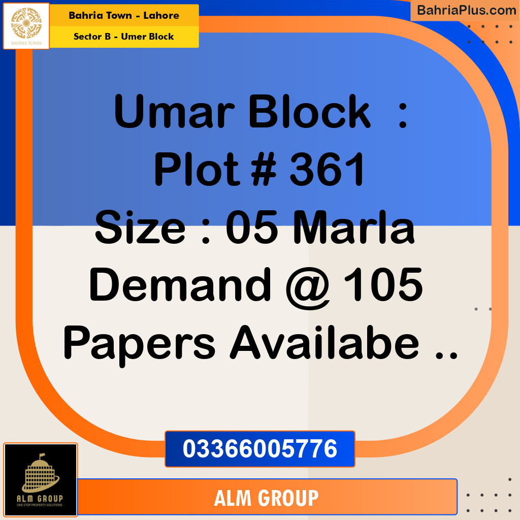 5 Marla Residential Plot for Sale in Sector B - Umer Block -  Bahria Town, Lahore - (BP-226861)