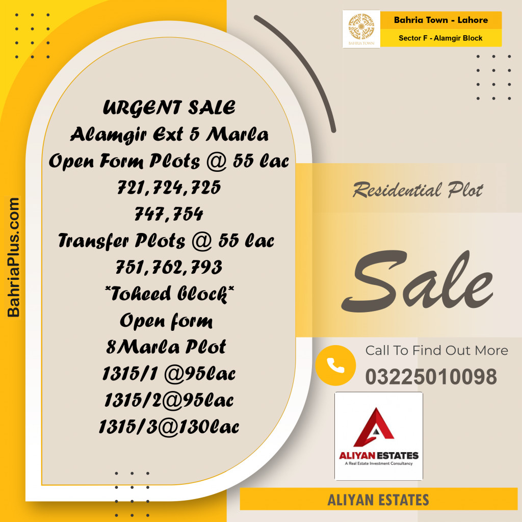 5 Marla Residential Plot for Sale in Sector F - Alamgir Block -  Bahria Town, Lahore - (BP-226906)