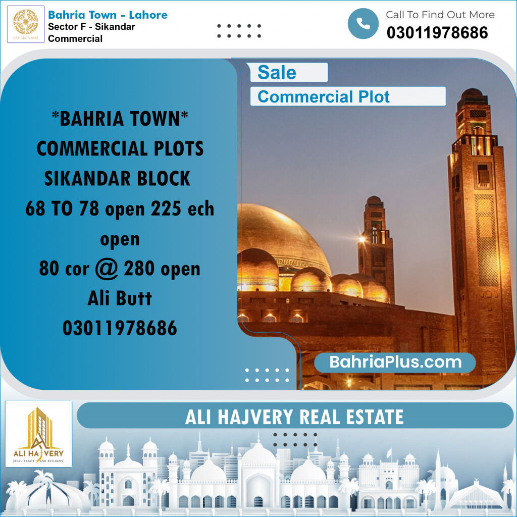 5 Marla Commercial Plot for Sale in Sector F - Sikandar Commercial - Bahria Town, Lahore - (BP-226993)