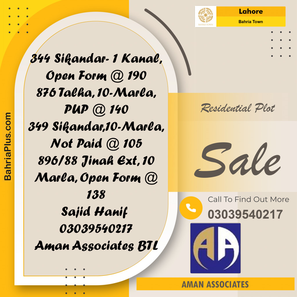 10 Marla Residential Plot for Sale in Bahria Town, Lahore - (BP-227057)