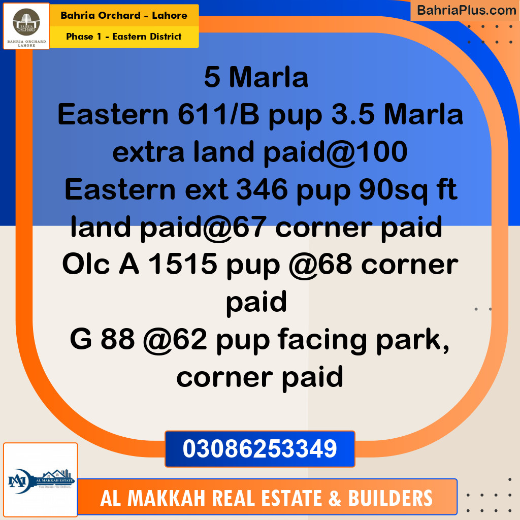 5 Marla Residential Plot for Sale in Phase 1 - Eastern District -  Bahria Orchard, Lahore - (BP-227175)