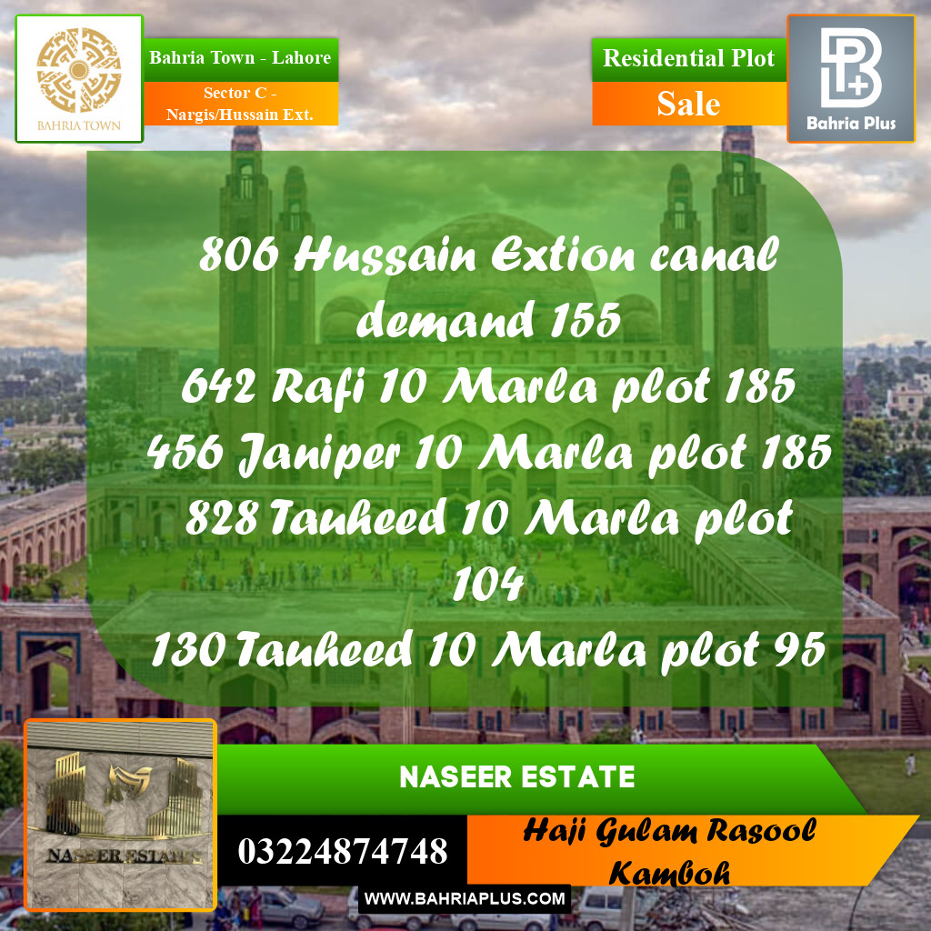 20 Marla Residential Plot for Sale in Sector C - Nargis/Hussain Ext. - Bahria Town, Lahore - (BP-227185)