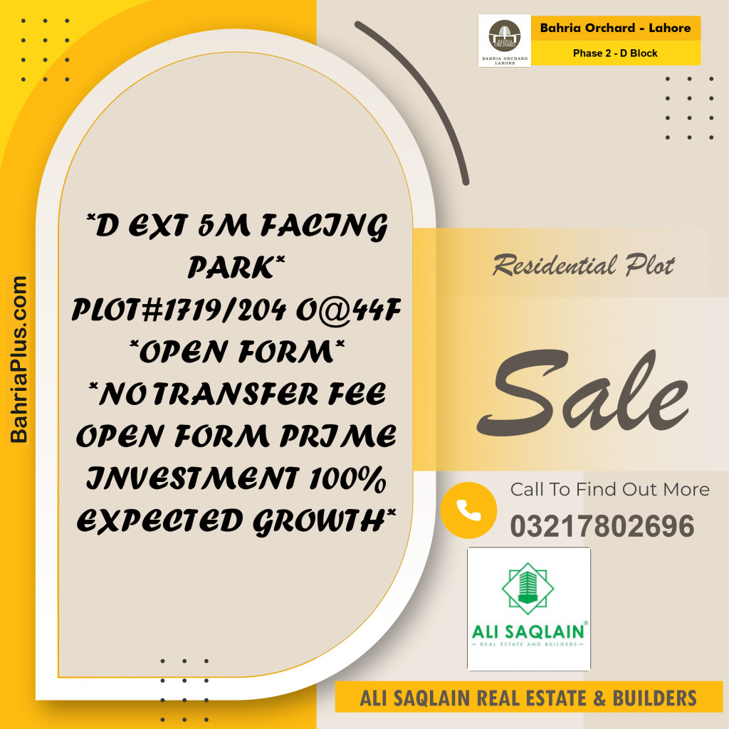 5 Marla Residential Plot for Sale in Phase 2 - D Block -  Bahria Orchard, Lahore - (BP-227412)