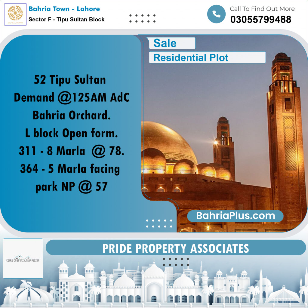 10 Marla Residential Plot for Sale in Sector F - Tipu Sultan Block -  Bahria Town, Lahore - (BP-227725)