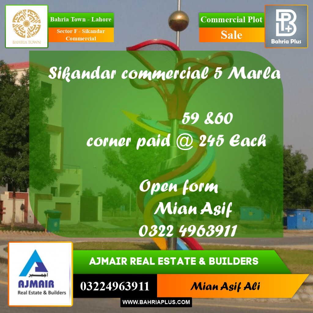 Commercial Plot for Sale in Sector F - Sikandar Commercial -  Bahria Town, Lahore - (BP-228020)