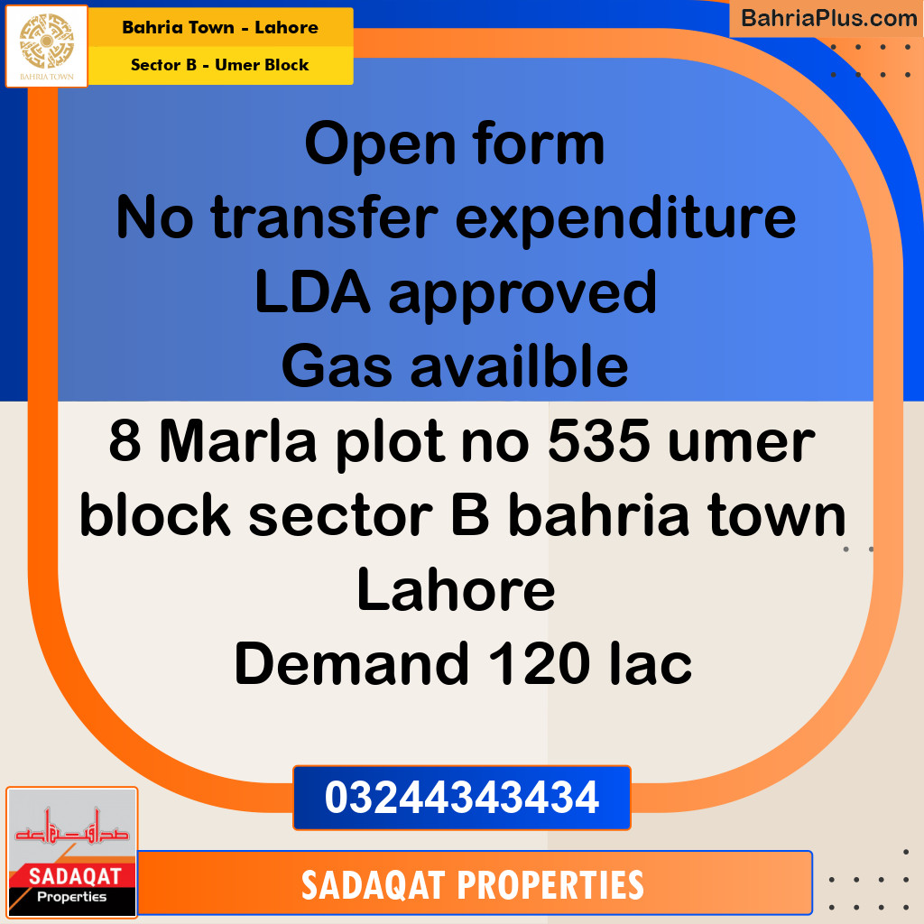 8 Marla Residential Plot for Sale in Sector B - Umer Block -  Bahria Town, Lahore - (BP-228092)