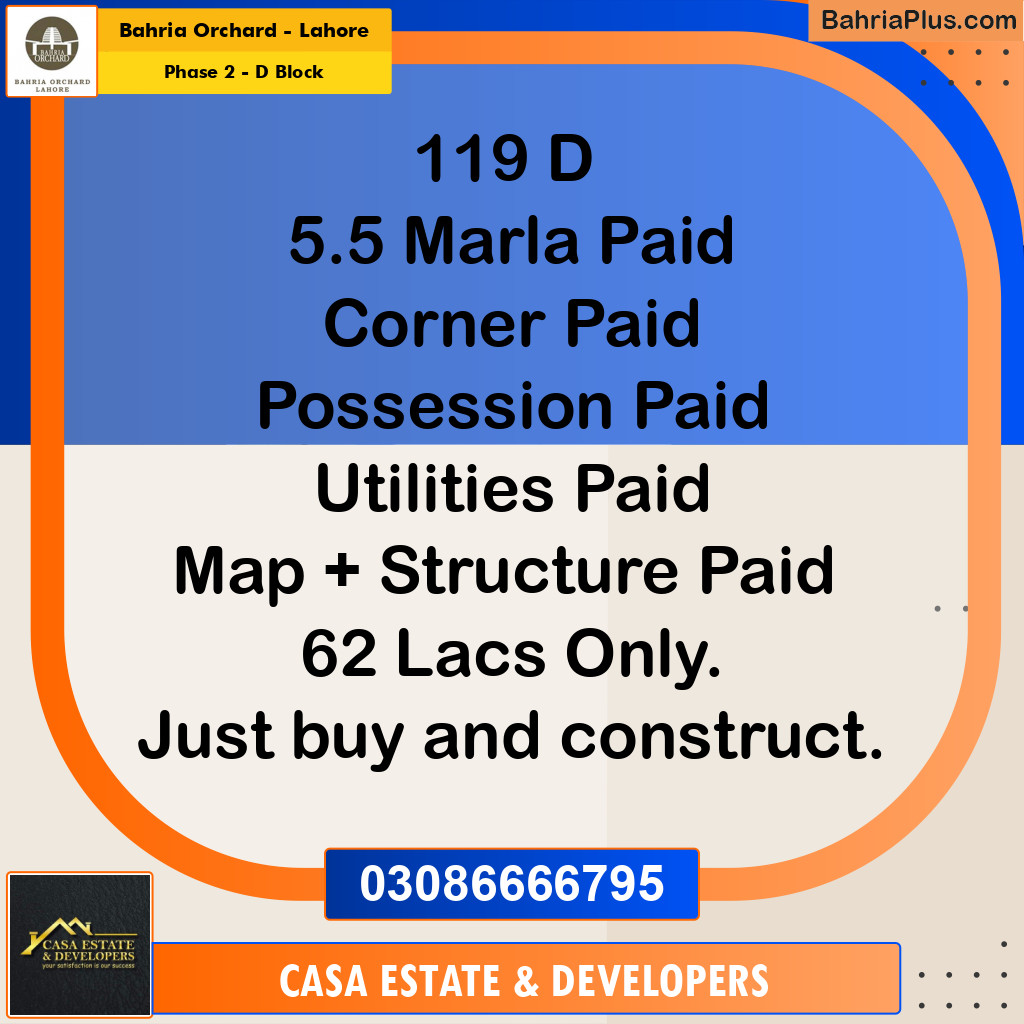 5 Marla Residential Plot for Sale in Phase 2 - D Block -  Bahria Orchard, Lahore - (BP-228195)