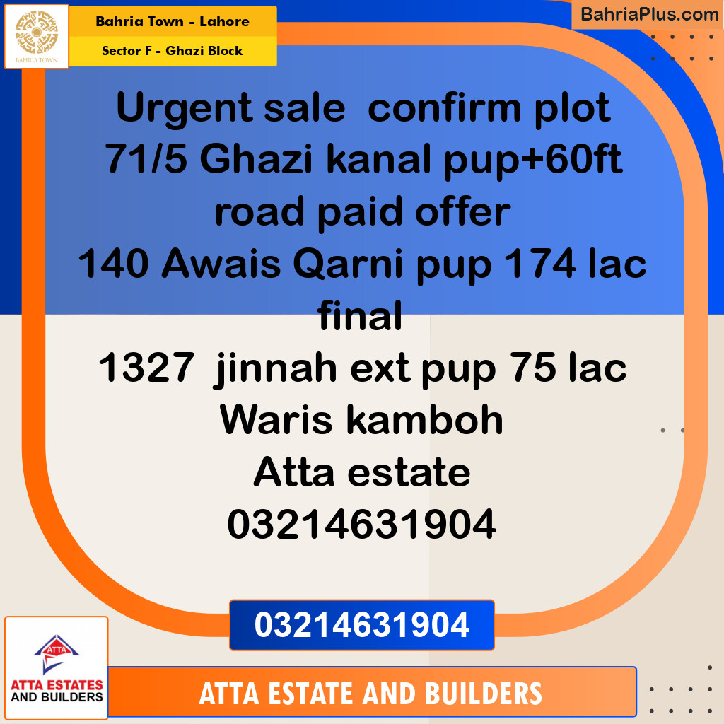 1 Kanal Residential Plot for Sale in Sector F - Ghazi Block -  Bahria Town, Lahore - (BP-228275)