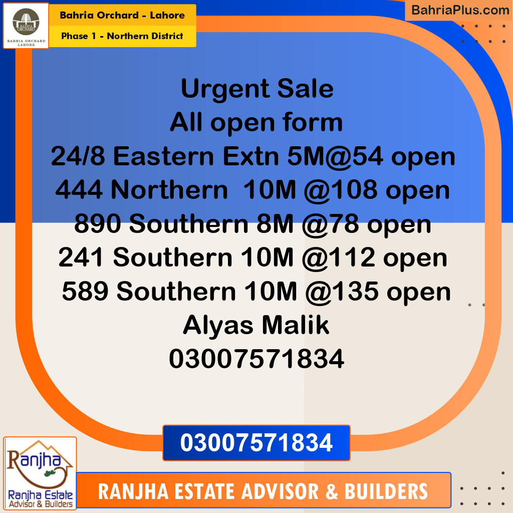 10 Marla Residential Plot for Sale in Phase 1 - Northern District -  Bahria Orchard, Lahore - (BP-228285)