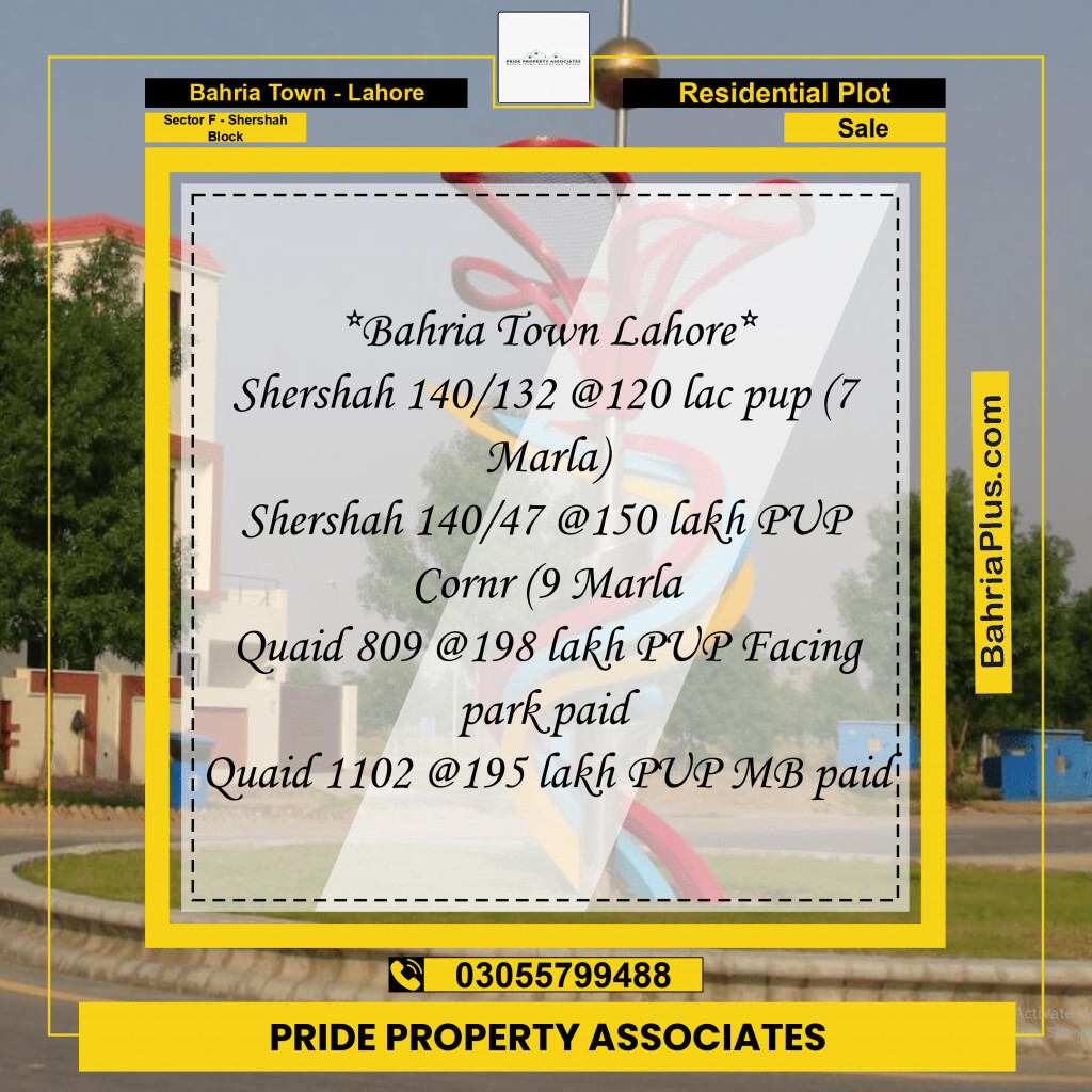 7 Marla Residential Plot for Sale in Sector F - Shershah Block -  Bahria Town, Lahore - (BP-228702)