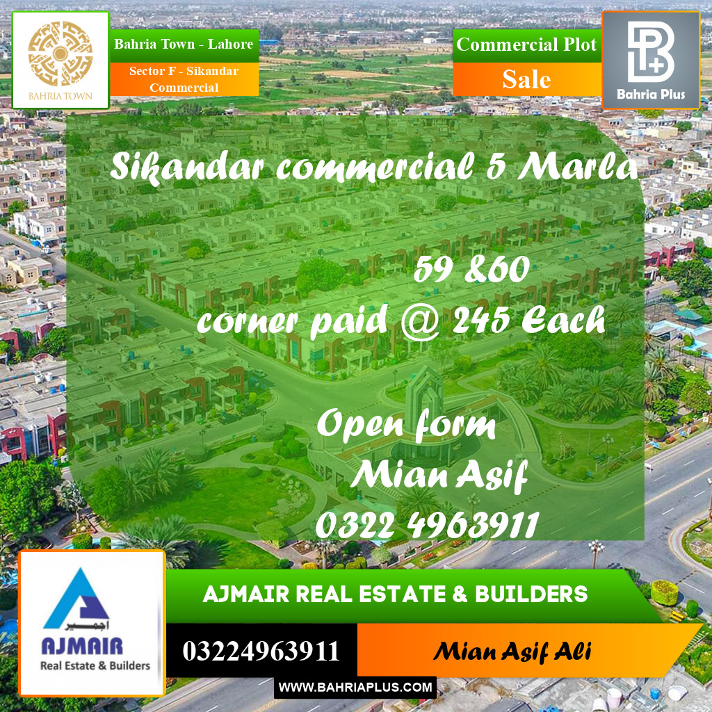 Commercial Plot for Sale in Sector F - Sikandar Commercial -  Bahria Town, Lahore - (BP-228718)