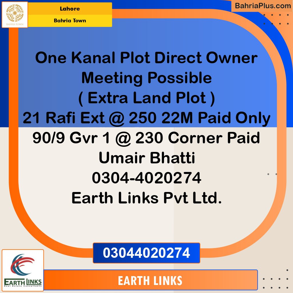 1 Kanal Residential Plot for Sale in Bahria Town, Lahore - (BP-228835)