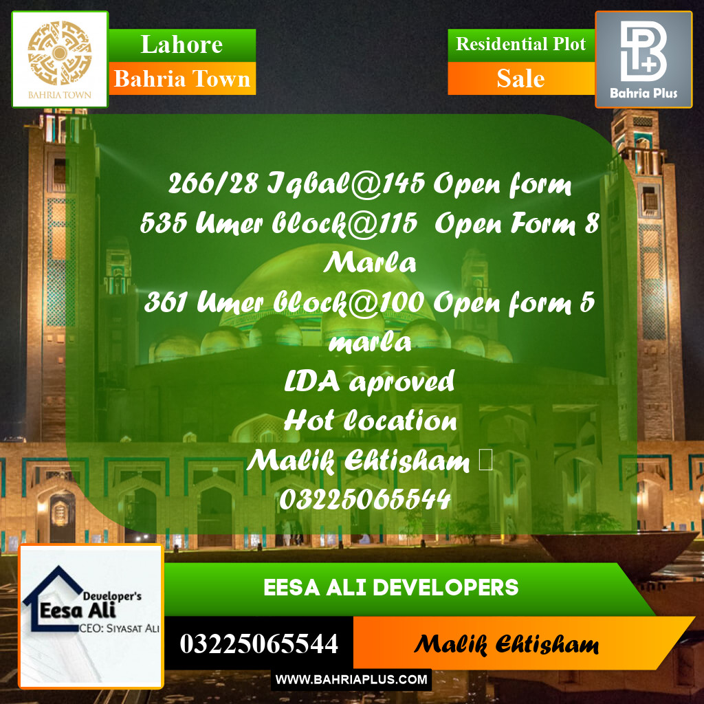 Residential Plot for Sale in Bahria Town, Lahore - (BP-229086)