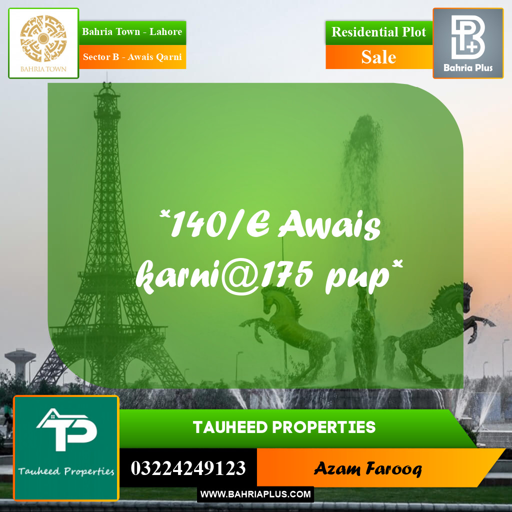 10 Marla Residential Plot for Sale in Sector B - Awais Qarni -  Bahria Town, Lahore - (BP-229180)