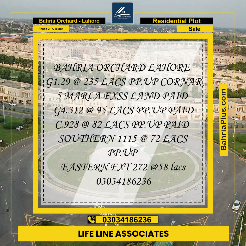 8 Marla Residential Plot for Sale in Phase 2 - C Block -  Bahria Orchard, Lahore - (BP-229379)