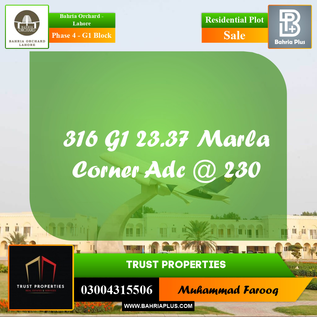 23.37 Marla Residential Plot for Sale in Phase 4 - G1 Block -  Bahria Orchard, Lahore - (BP-229388)