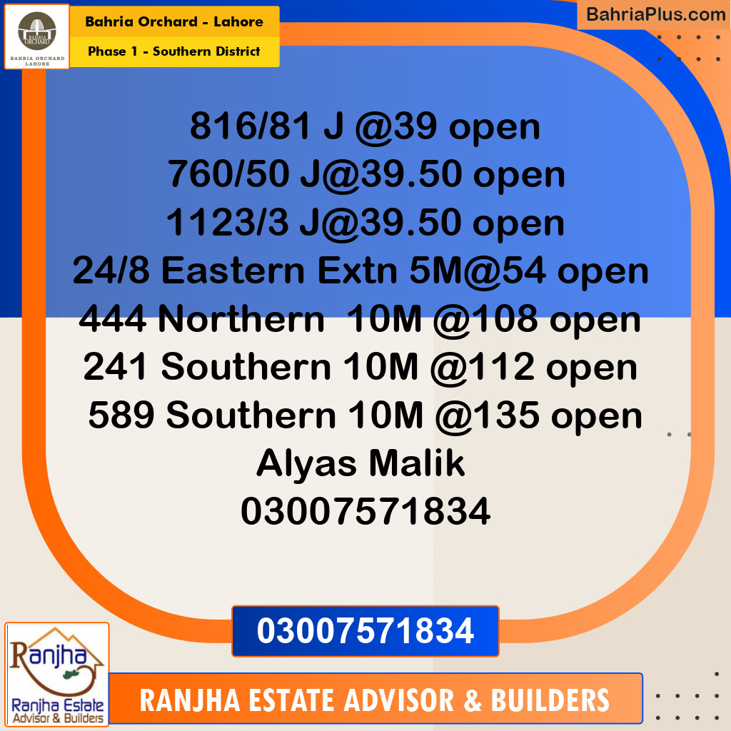 10 Marla Residential Plot for Sale in Phase 1 - Southern District -  Bahria Orchard, Lahore - (BP-229548)