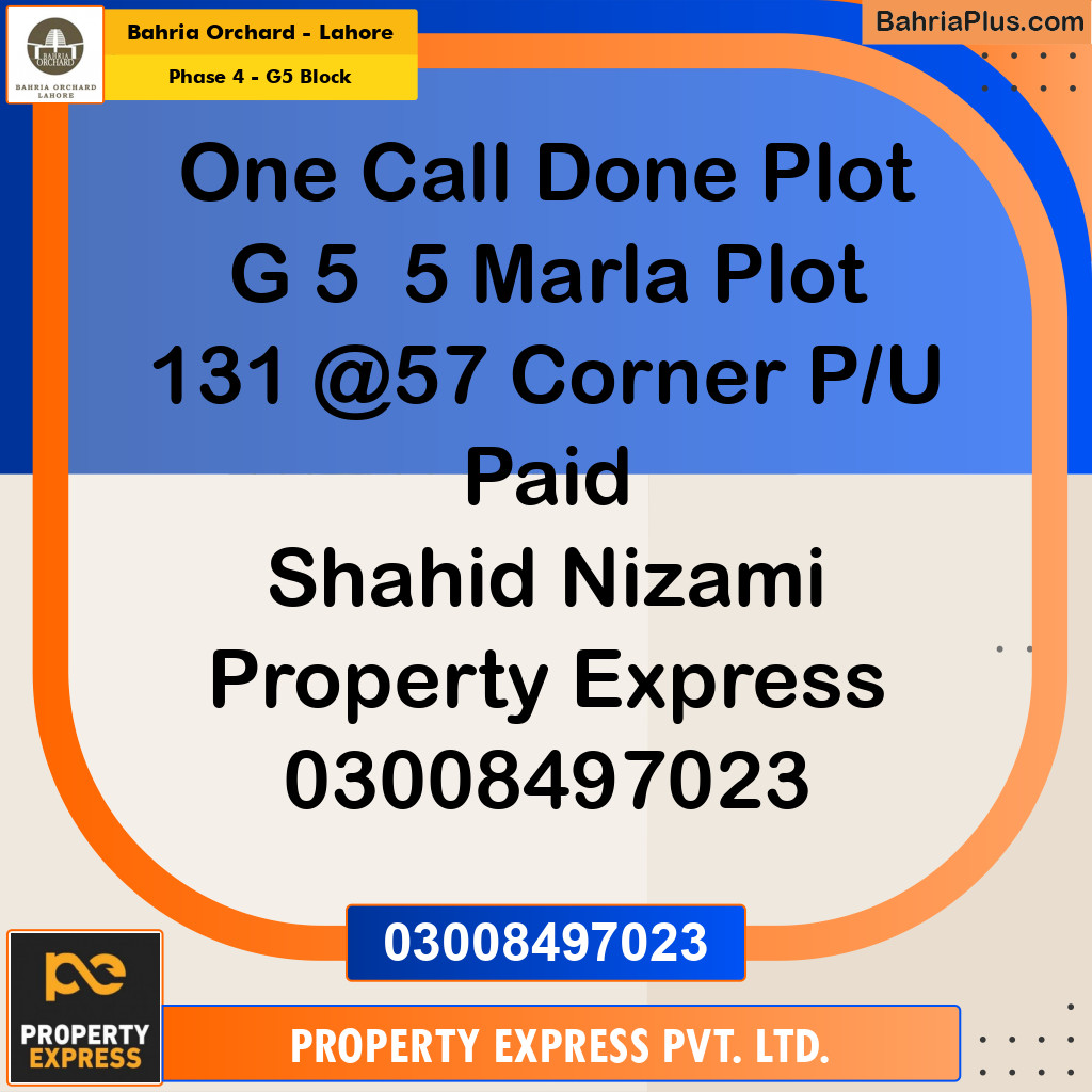 5 Marla Residential Plot for Sale in Phase 4 - G5 Block -  Bahria Orchard, Lahore - (BP-229629)